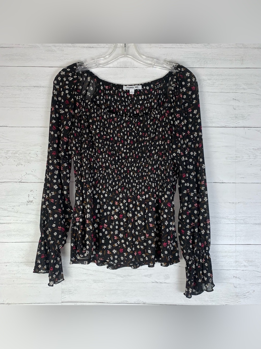 Uncommon Job Black Floral Top Smocked Bodice Long Bell Sleeve Women’s L